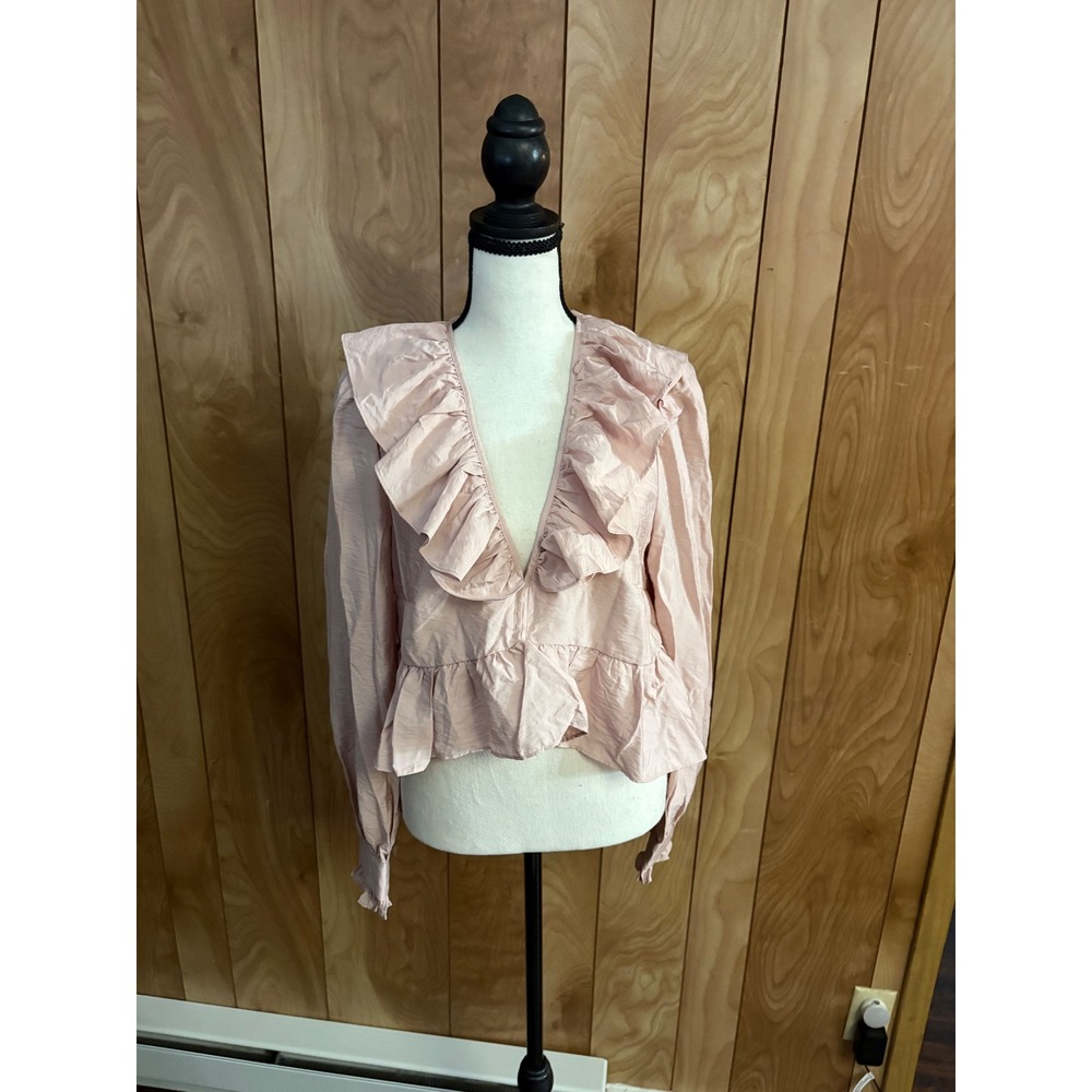 H&M Divided Pink Ruffle Peplum Blouse Deep V-Neck Long Sleeve Top Size M